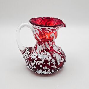 Pilgrim Glass Mini Pitcher Red Cranberry White Splatter Handle Spout Vintage